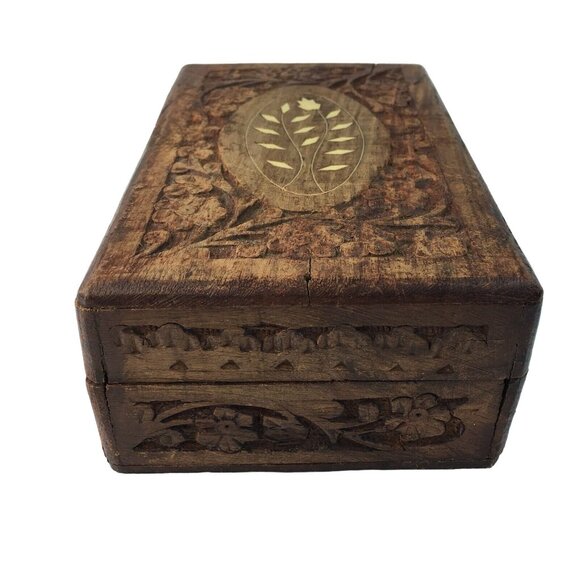 Wood Jewelry Chest Storage Box Inlay Carved Floral Pattern Solid Mid Century u - Picture 6 of 9